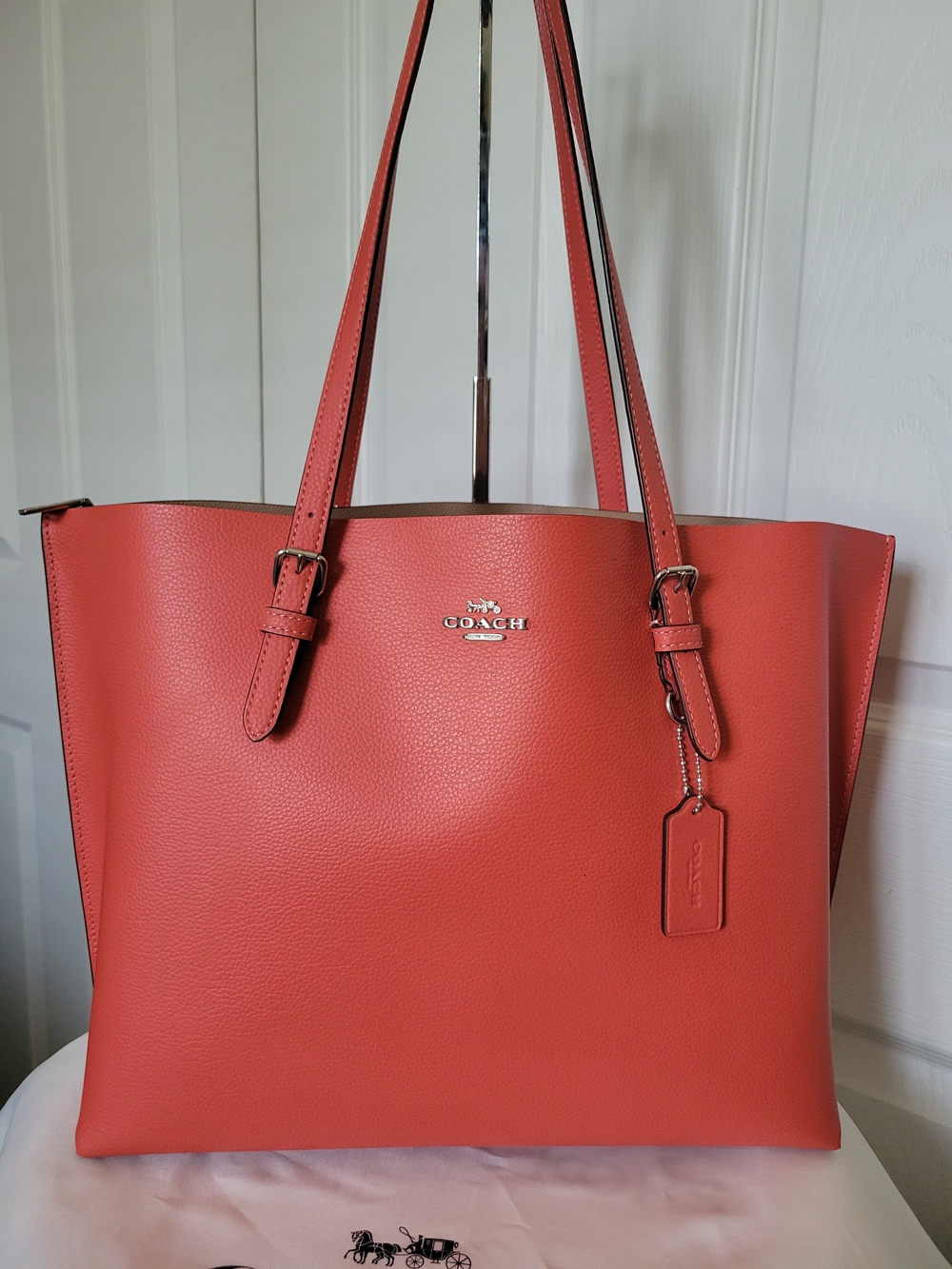 COACH Mollie Pastel Tangerine Coral Large Double Face Leather Tote Bag